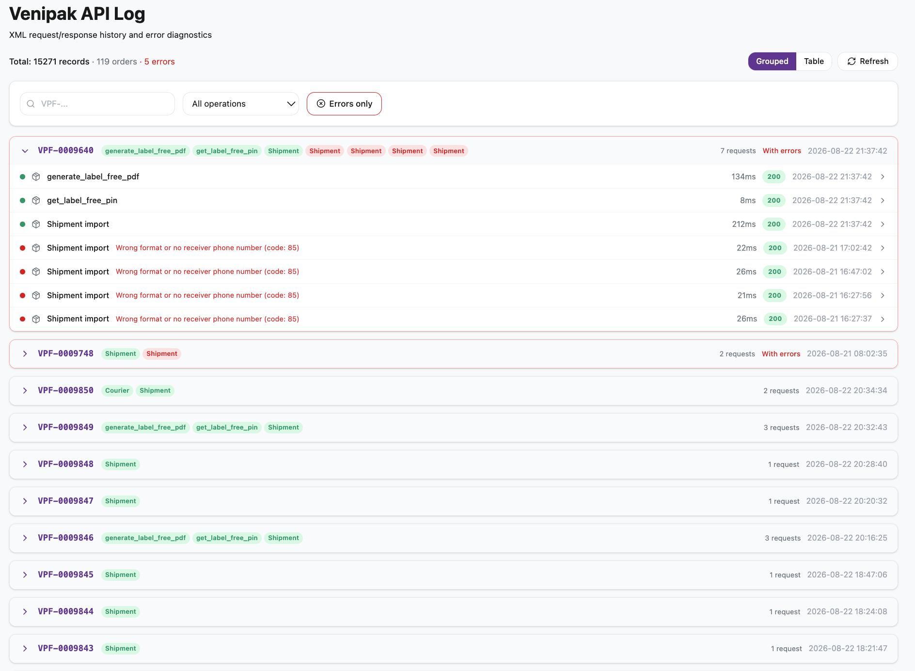 Venipak API diagnostics log