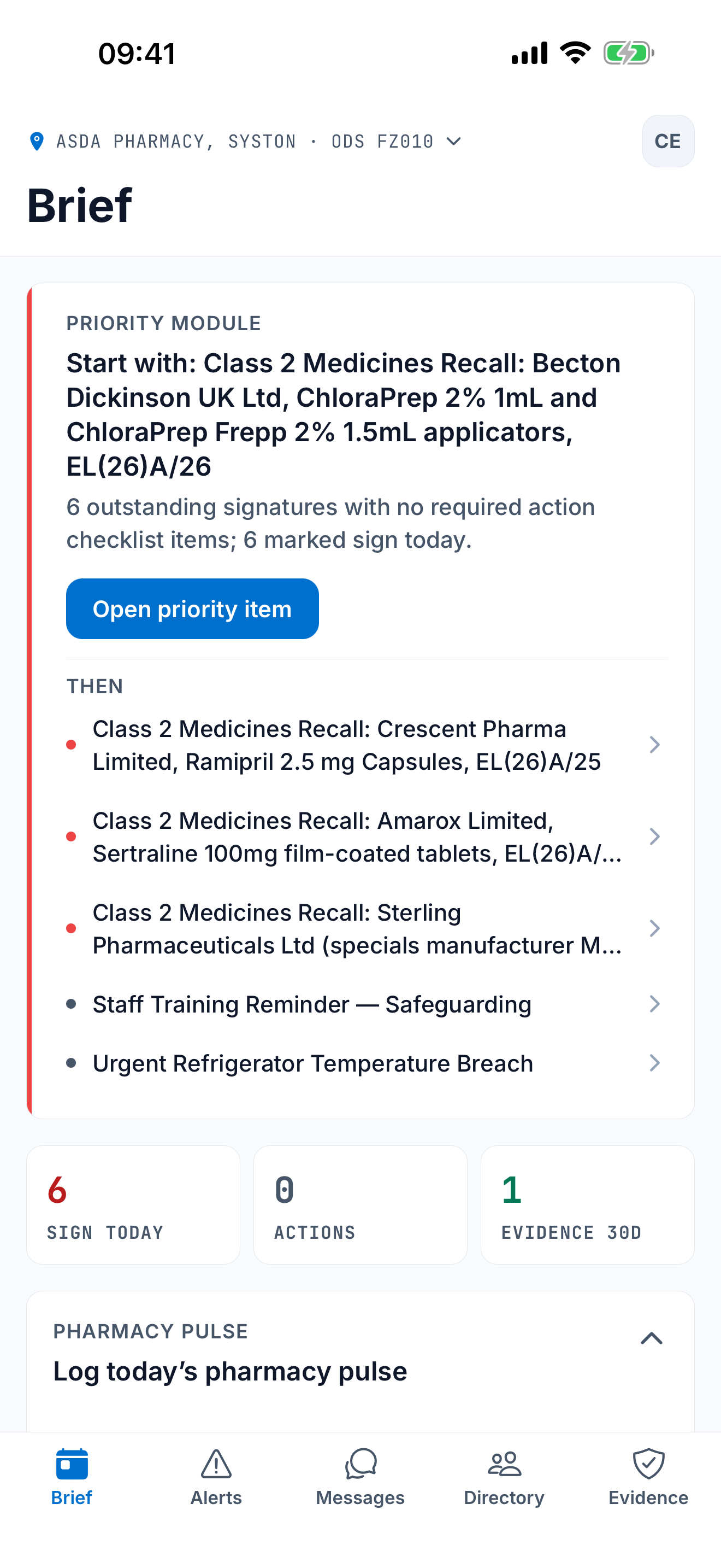 Pharmacy Connect daily brief screen